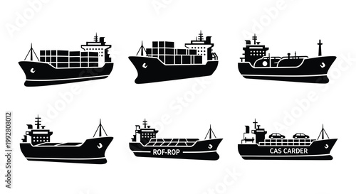 Black silhouettes of various cargo and passenger ships displayed in a row