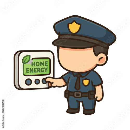 Police officer holding home energy monitor flat illustration