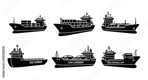 Black silhouettes of various cargo and passenger ships displayed in a row