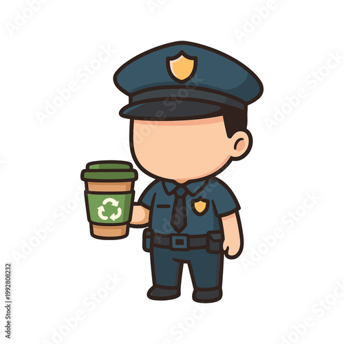 Police officer holding reusable coffee cup flat vector