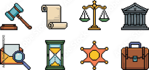 Pixel art law icons set, justice symbols gavel scale courthouse retro game style