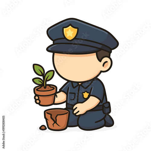 Police officer holding potted plant with broken pot