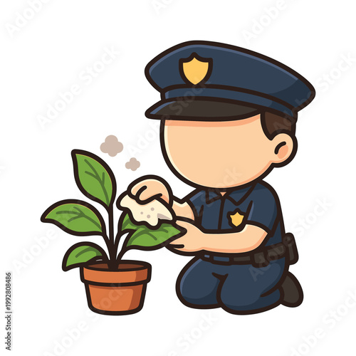 Police officer watering potted plant cartoon