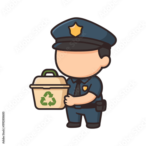 Police officer holding recycling trash bin flat vector illustration