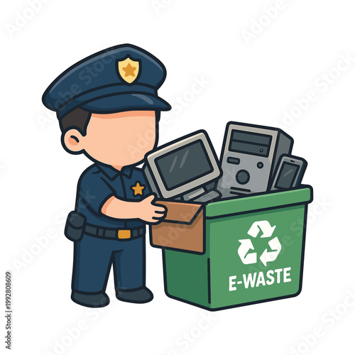 Police officer recycling electronic waste flat illustration