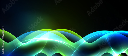 Abstract waves, vibrant colors, flowing lines. Dark background emphasizes luminous energy, creating dynamic visual effect.