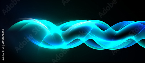 Bright blue waves flow across black background. Smooth curves create dynamic, luminous effect. Modern design element.