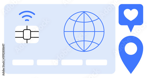 Digital payments, global communication, online transaction, geo-tagging, location services, social media. Features chip card, globe icon geo location pin and heart symbol. Digital payments