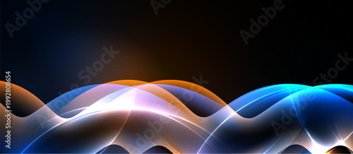 Abstract waves, vibrant colors, dynamic light. Smooth curves create flowing energy, dark background enhances luminosity.