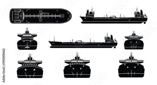 Black silhouette illustrations of various commercial ships and tankers