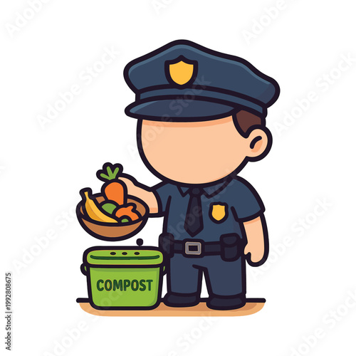 Cartoon police officer holding bowl of food waste