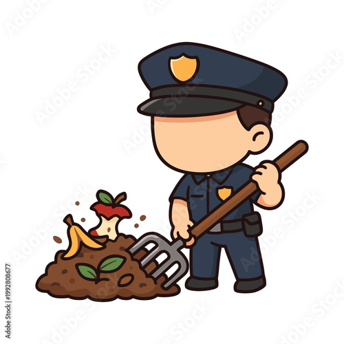 Police officer holding pitchfork with compost pile