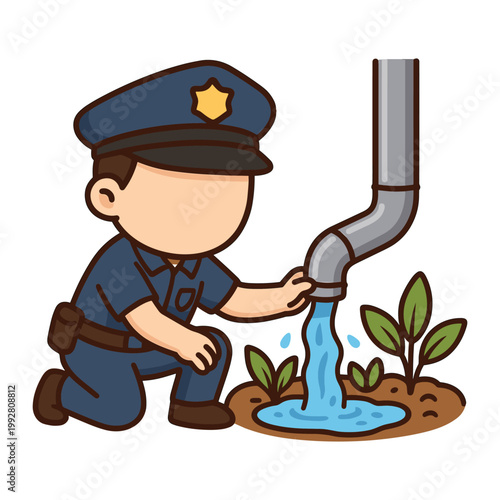 Cartoon police officer watering plants with hose