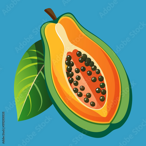 Fresh halved papaya with black seeds on vibrant gradient background, tropical fruit concept