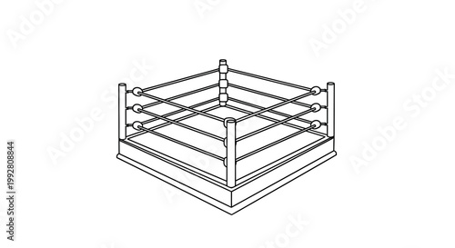 A simple black and white line drawing depicts an empty professional wrestling ring with ropes and posts