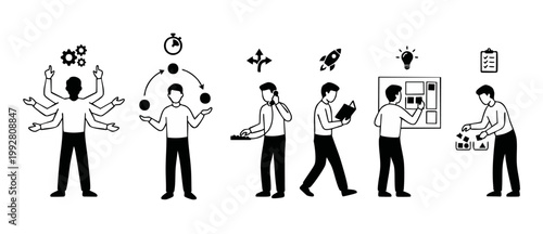 Business multitasking and productivity icons for project management, workflow efficiency, and corporate skill development. Black and white vector illustrations depicting strategic planning and work ta