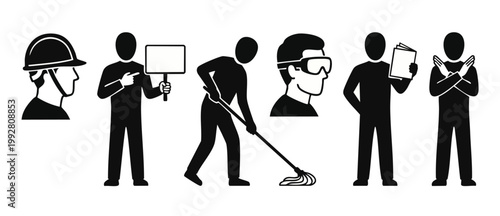 Worker icons set, industrial safety and maintenance silhouettes. Professional construction site characters with protective gear, cleaning tasks, and signage for workplace health and safety protocols i