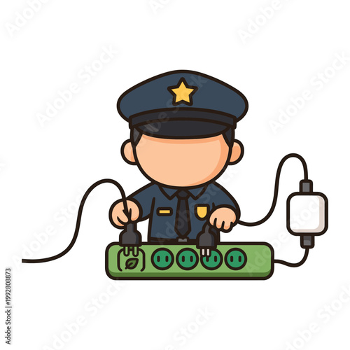 Cartoon police officer unplugging power strip