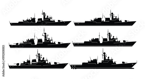 Six black silhouettes of modern naval warships at sea