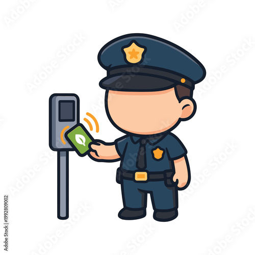 Cartoon police officer scanning mobile phone flat vector