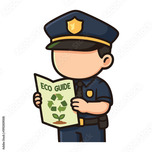Police officer reading eco guide flat vector illustration