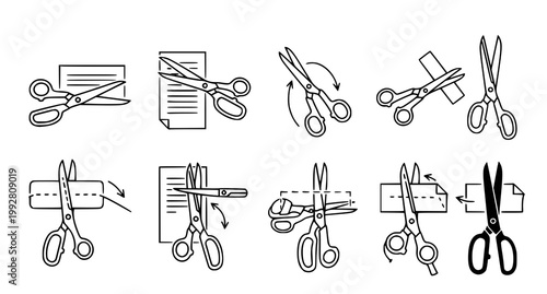 Instructional scissors icons set for paper cutting steps and craft manuals featuring line art diagrams for user guides and DIY creative project documentation
