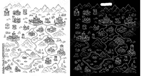 Fantasy map building icons set featuring castles towers and mountain landscapes in line art style for roleplaying game cartography and world building projects