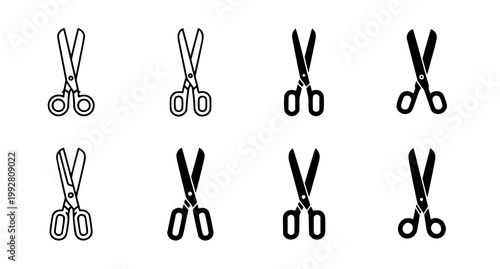 Versatile collection of scissors icons for design projects featuring line art and silhouette styles for office supplies or craft and tailoring business branding