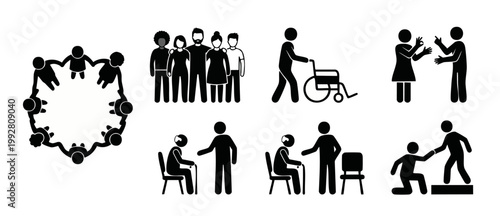 People inclusion icon set depicting diversity, teamwork, and social care. Stick figure symbols of community support, disability assistance, elderly help, and unity in a modern flat design graphic coll