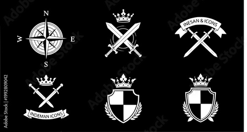 Heraldic and knightly icons featuring swords crowns and shields in black and white vector style for gaming logos and royal medieval themed branding assets