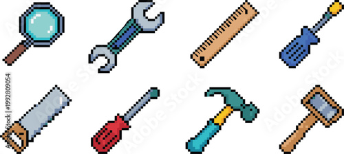 Pixel art tools set, construction equipment icons hammer wrench saw retro style