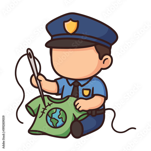 Police officer sewing patch on green shirt