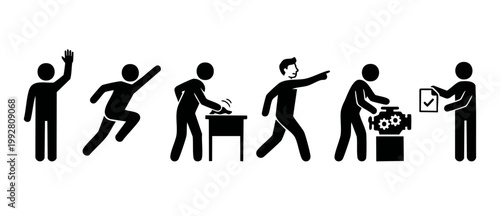 Stick Figure Actions Set: Waving, Running, Cleaning, Pointing, Repairing, and Approval. Minimalist pictogram collection representing diverse human activities, workplace processes, and business workflo