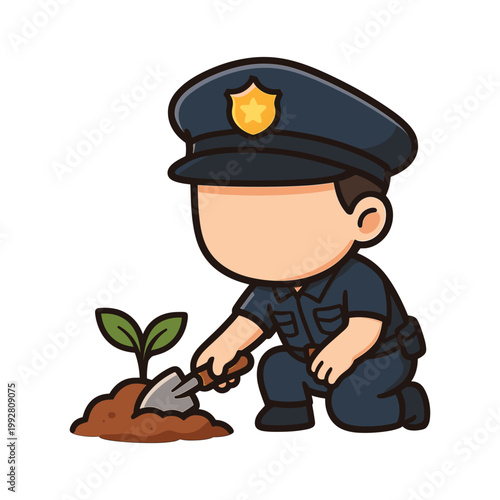 Cartoon policeman planting small plant with trowel