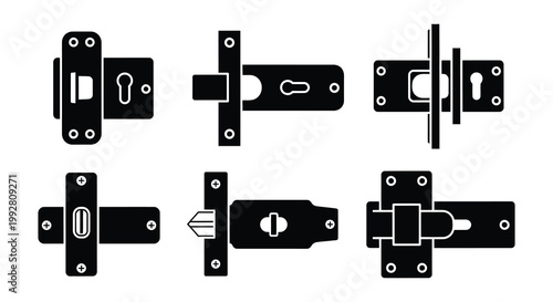 Variety of black door and cabinet lock hardware illustrations