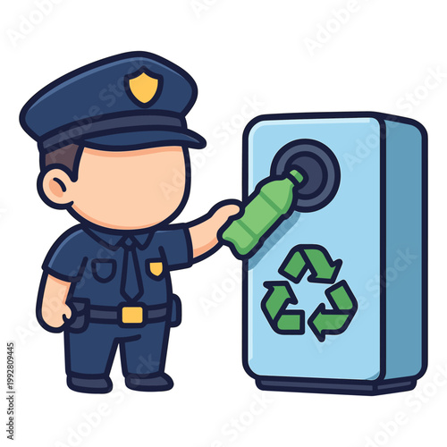 Police officer recycling plastic bottle at bin