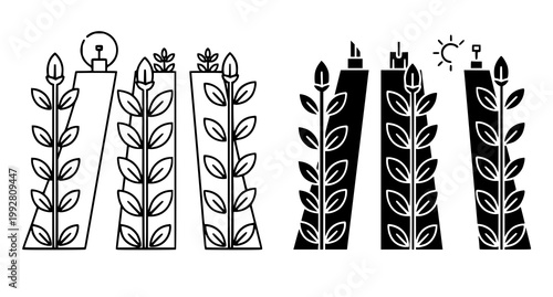 Smart farming crop row icons with integrated technology symbols in clean black and white line art and silhouette styles for modern agricultural technology branding
