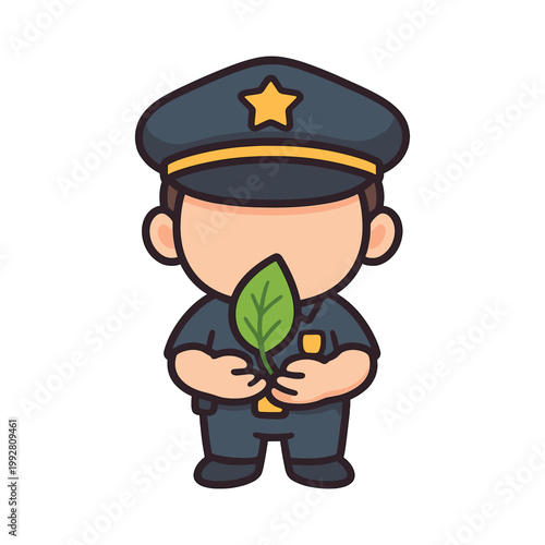 Cute police officer holding green leaf cartoon