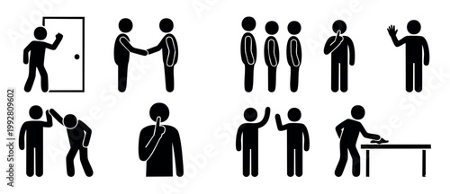 People Social Interaction Stick Figure Icons Set: Greeting, Handshake, Queuing, Silence, Waving, Elbow Bump, and Cleaning Gestures for Business, Communication, and Daily Routine Infographic Design Vec