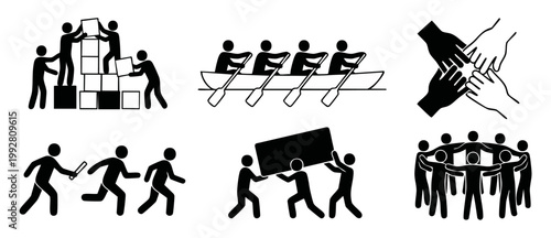 Teamwork and Cooperation Icons Set for Business Collaboration and Success - Stick Figure Silhouette Graphics Representing Group Unity, Project Management, Strategy, and Corporate Synergy Concepts