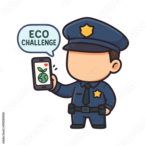 Cartoon police officer holding phone eco challenge