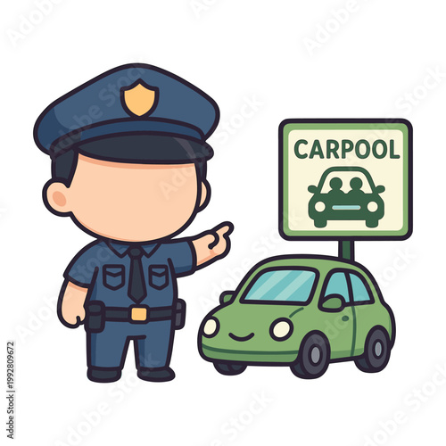 Cartoon police officer pointing at carpool parking sign and car