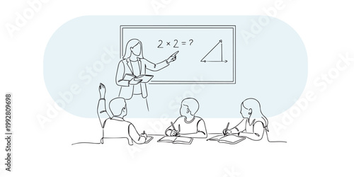 single line abstract female teacher teaching in classroom.continuous line drawing of education interaction.learning environment concept.minimal modern style.one line vector illustration.