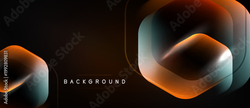 Dark abstract background features layered hexagonal shapes. Gradient colors blend orange, blue, silver tones. Modern design element.