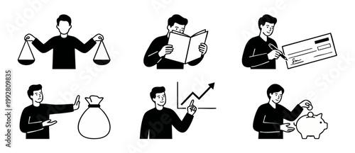 Business Man Financial Icons Set, Banking and Investment Activities, Flat Black and White Vector Illustration of Money Management, Accounting, Growth Strategy, and Savings Concepts for Corporate Desig