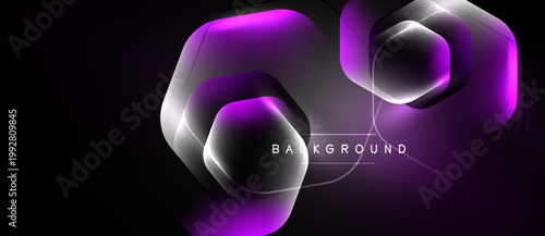 Abstract geometric shapes, purple hues, dark background. Modern design with glowing effects, creating dynamic visual impact.
