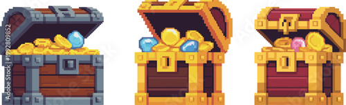 Pixel art treasure chests set, retro game loot boxes with gold gems