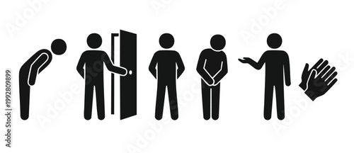 Business Etiquette Icon Set, Professional Human Gestures and Manners, Greeting and Welcoming Signs for Office Protocol, Social Interaction Symbols in Flat Vector Black Style for Workplace Communicatio