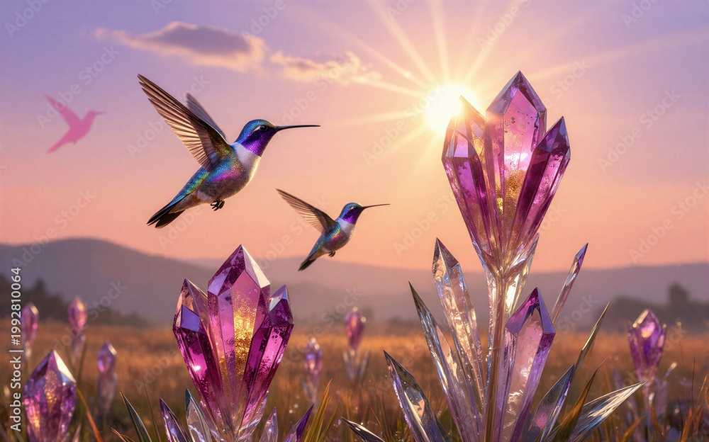 Fototapeta premium Hummingbirds soar above glowing purple crystals at sunset in a