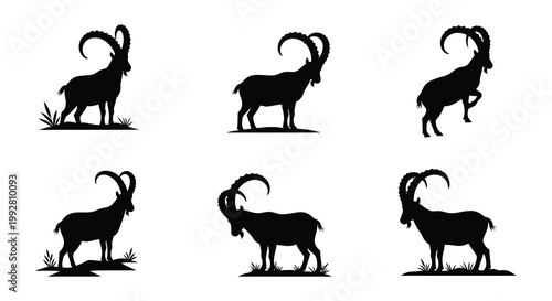 Silhouette depictions of ibex with curved horns in varying poses
